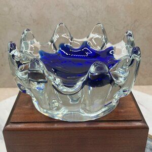 Josef Hospodka Glass Crown Czech Cobalt And Clear Hand Blown Ashtray Chribska